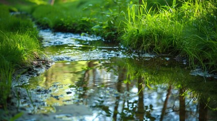 A small water body reflecting the surrounding greenery of grass and trees