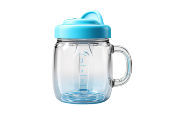 A Clear Blue Mug With a Lid and Handle for Drinking on the Go on a Clear PNG or White Background.