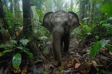 Fototapeta premium A Borneo pygmy elephant walking through a dense rainforest, its small stature and long trunk used to grasp branches.