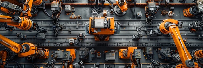 This panoramic banner highlights an array of robotic arms positioned along an automated assembly line showcasing modern industrial technology