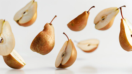 Floating Sliced Pears in the Air on White Background 3D Illustration