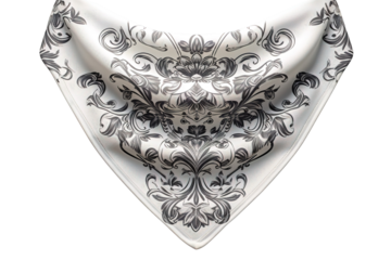 A Symphony of Black and White: Intricate Floral Design on a White Fabric Scarf on a Clear PNG or White Background.