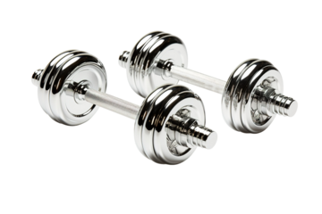 A Pair of Shiny Chrome Dumbbells Ready For a Strength Training Workout on a Clear PNG or White Background.
