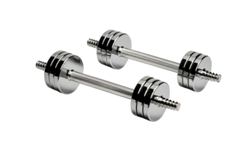 A Pair of Shiny Chrome Dumbbells Ready for a Strength Training Workout on a Clear PNG or White Background.