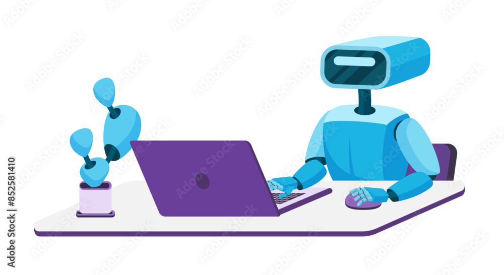 Aufkleber vector robot sitting at laptop and working with computer mouse cartoon. automated office work, autom