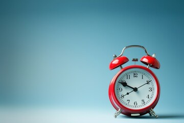 Alarm Clock. Retro Red Twin Bell Alarm Clock with White Face on Light Blue Background