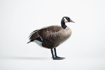 Canada Goose standing on white background, displaying distinctive black head and neck with white cheeks.