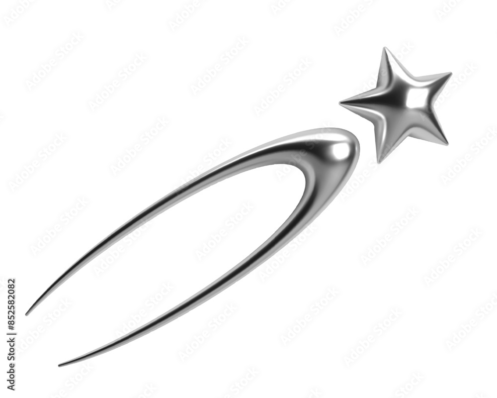 Poster 3d chrome shooting star with sleek shiny silver surface and long curved tail. isolated abstract elem