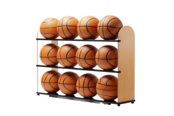 A Dozen Basketballs Perfectly Aligned on a Wooden Rack on a Clear PNG or White Background.