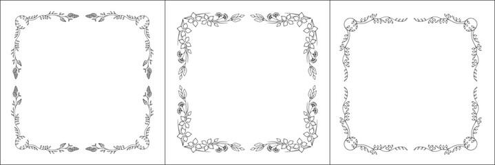 Set of three vegetal vector frames with forest flowers and leaves. Black and white. Vector frame for all sizes and formats. Isolated vector illustration.	
