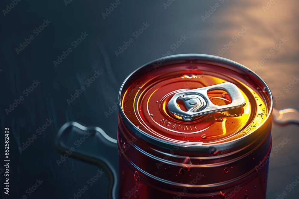 Poster a close-up shot of a soda can on a table, suitable for use in commercial or editorial contexts