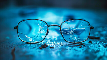 A close-up image of a pair of broken glasses lying on a blue surface. The lenses are shattered into numerous pieces, creating a sense of fragility and loss
