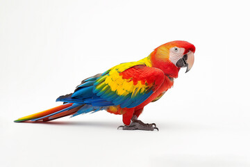 Obraz premium Vibrant scarlet macaw parrot with red, yellow, and blue feathers on white background.