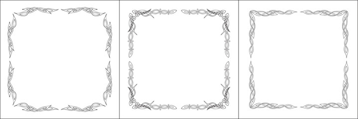 Elegant black and white frame with Scandinavian ornament, decorative border, corners for greeting cards, banners, business cards, invitations, menus. Isolated vector illustration.	