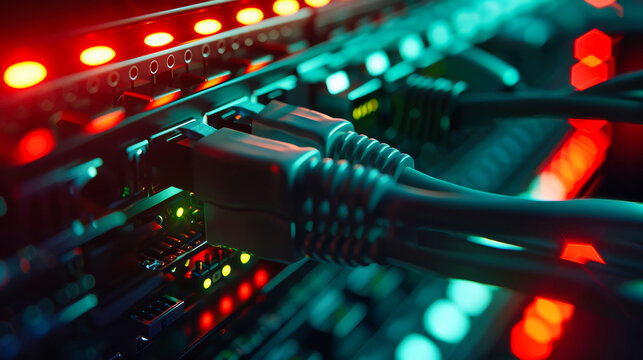 A close-up shot showcasing network cables plugged into a server, with vibrant red and green lights illuminating the scene