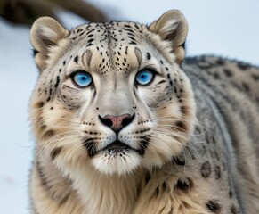 Naklejka premium An enchanting portrait of a snow leopard with piercing blue eyes set against a snowy backdrop. This close-up highlights the leopard's intense gaze and beautiful fur, ideal for wildlife, nature, and