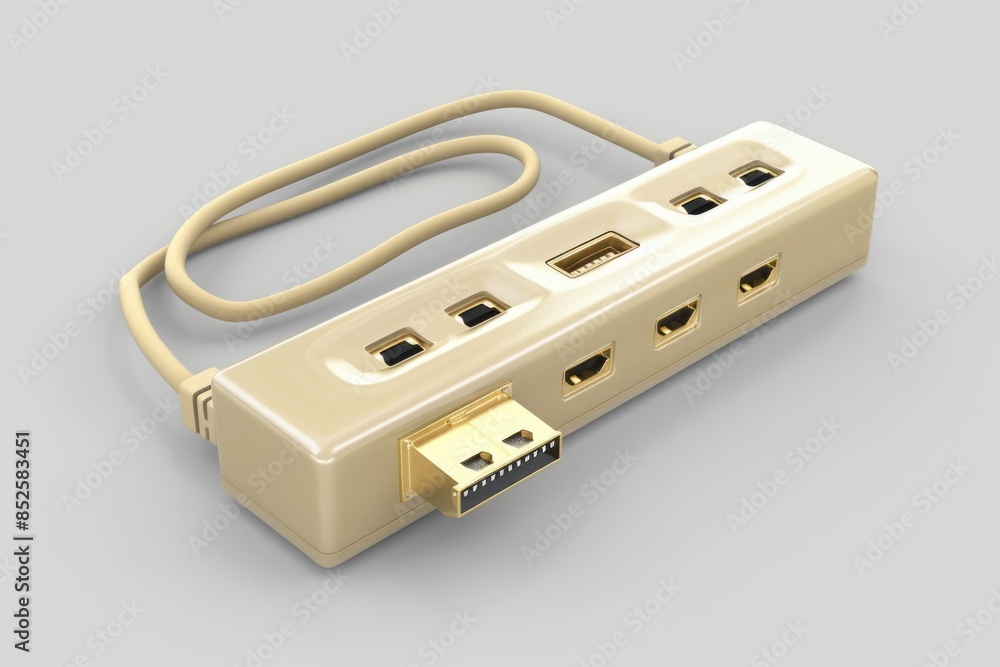 Poster a close-up view of a computer power strip with multiple outlets and a cable management system