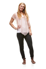 Fashion, woman and confidence with smile in studio on white background for style, casual wear and clothes. Happiness, female person and hair with accessory for trendy, fashionable and elegant look