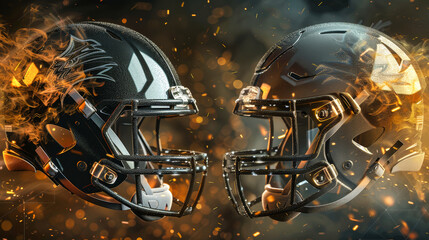 Fototapeta premium Two black football helmets, engulfed in flames, face off against each other in a dramatic showdown
