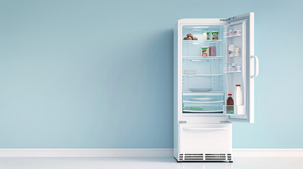 A white industrial freezer with its door open, revealing shelves stocked with food items. The freezer is located in a room with light blue walls
