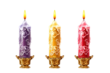 Three Ornate Candles Burning Brightly on Golden Candelabras on a Clear PNG or White Background.