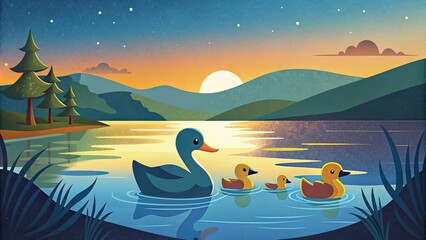 Family of Ducks Swimming at Sunset
