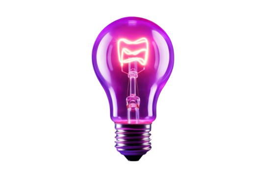 A Glowing Purple Lightbulb Against A White Background on a Clear PNG or White Background.