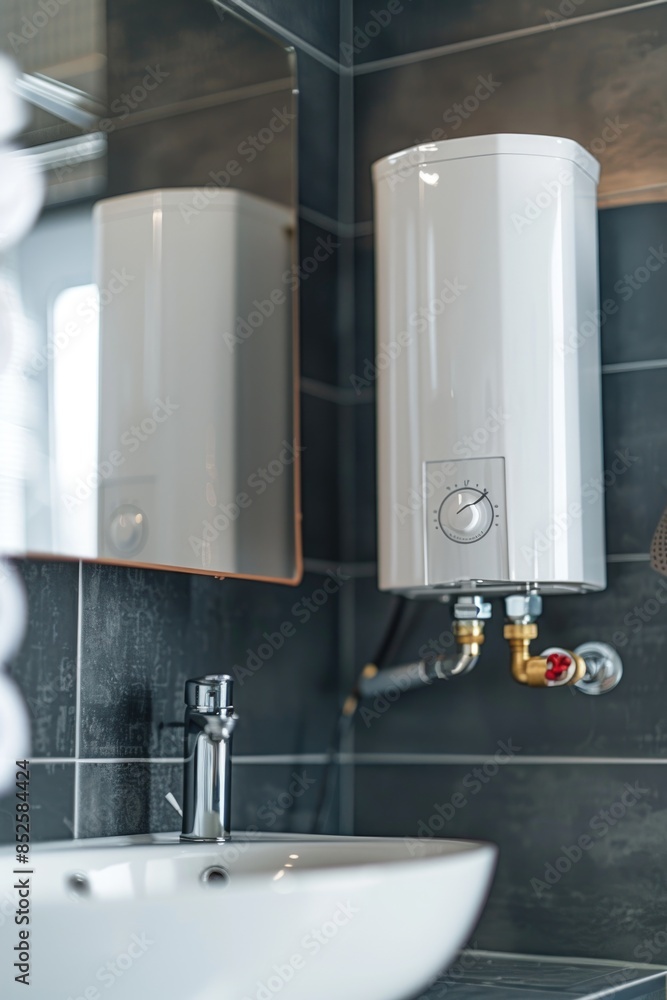 Wall mural A bathroom with essential fixtures including a sink, mirror, and hot water heater