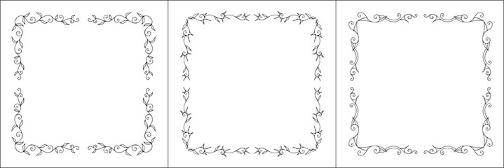 Set of three thin vegetal vector frames with leaves. Black and white. Vector frame for all sizes and formats. Isolated vector illustration.	
