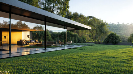 Fototapeta premium A modern glass-walled house with a spacious outdoor living area surrounded by lush greenery.