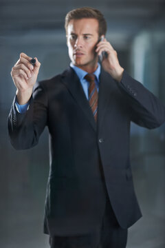 Phone, calll and businessman writing with marker in office, professional and suit for corporate. Male person, brainstorming and planning for company, communication and talking with mobile technology