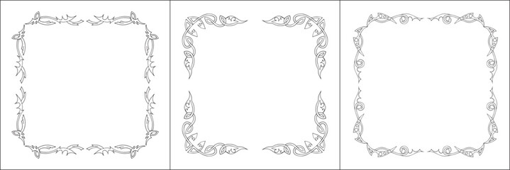 Elegant black and white frame with Scandinavian ornament, decorative border, corners for greeting cards, banners, business cards, invitations, menus. Isolated vector illustration.	