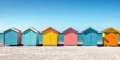 Vibrant beach cabins line a sandy beach, with clear blue skies and sea in the background
