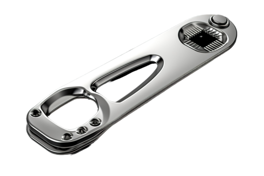 Polished Metal Tool With Intricate Design and Multiple Functions on a Clear PNG or White Background.