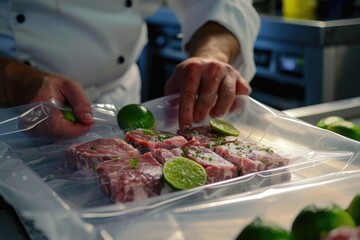 A person is cutting meat on a cutting board, assisted by limes