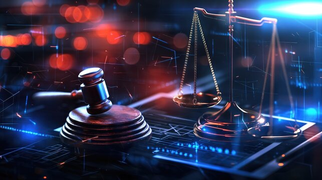 Cyber crime justice background Judge's gavel and scales standing on virtual table in digital cyberspace - Powered by Adobe