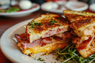 A delicious-looking grilled sandwich with ham and cheese on a plate, perfect for a quick snack or meal