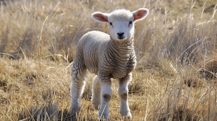 Fototapeta premium Close up photo of a young lamb in a field on dry grass symbolizing agriculture and farming