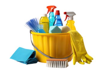 A Bucketful of Clean: A Yellow Cleaning Supply Caddy Ready for Action on a Clear PNG or White Background.