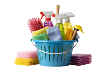 A Bright Blue Cleaning Bucket Filled With Colorful Supplies Ready For Action on a Clear PNG or White Background.