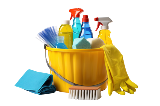 A Bucketful of Clean: A Yellow Cleaning Supply Caddy Ready for Action on a Clear PNG or White Background.