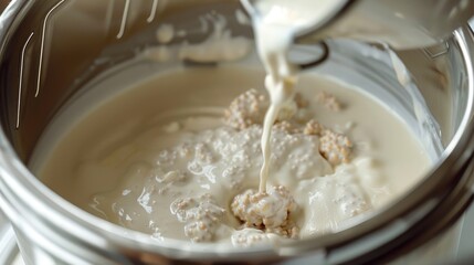 Close-up shot of milk pouring into a bowl of food, ready for consumption