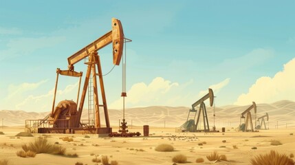 Oil Production. Crude Oil Drilling Derrick at Desert Oilfield with Natural Gas and Liquid Energy Extraction