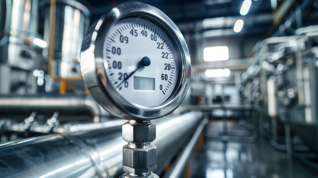 A close-up shot of a temperature sensor in an industrial facility. The sensor is attached to a pipe and is surrounded by other equipment