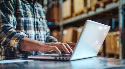 A warehouse worker sits in front of a laptop, typing intently. The worker is surrounded by rows of shelves filled with boxes, suggesting a busy and active environment