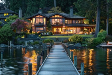 Obraz premium Waterfront Luxury: Island House with Pier at Green Waterfront