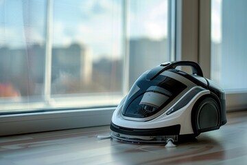 Fototapeta premium A white and black vacuum sitting on a wooden floor