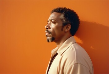 Obraz premium A MAN FRONT OF A ORANGE WALL IS IN A POSE OF THINKING ABOUT SOMETHING