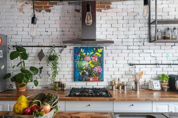 A cozy kitchen scene with a beautiful painting on the wall