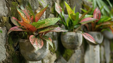Aglonema ornamental plants thrive in wall pots